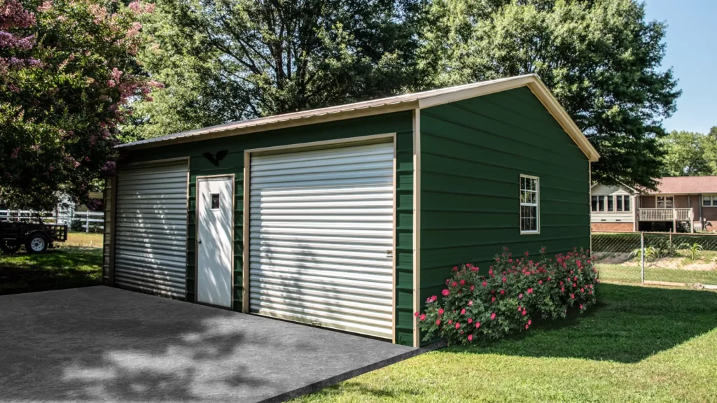 Beautiful Green 2 car garage with white doors