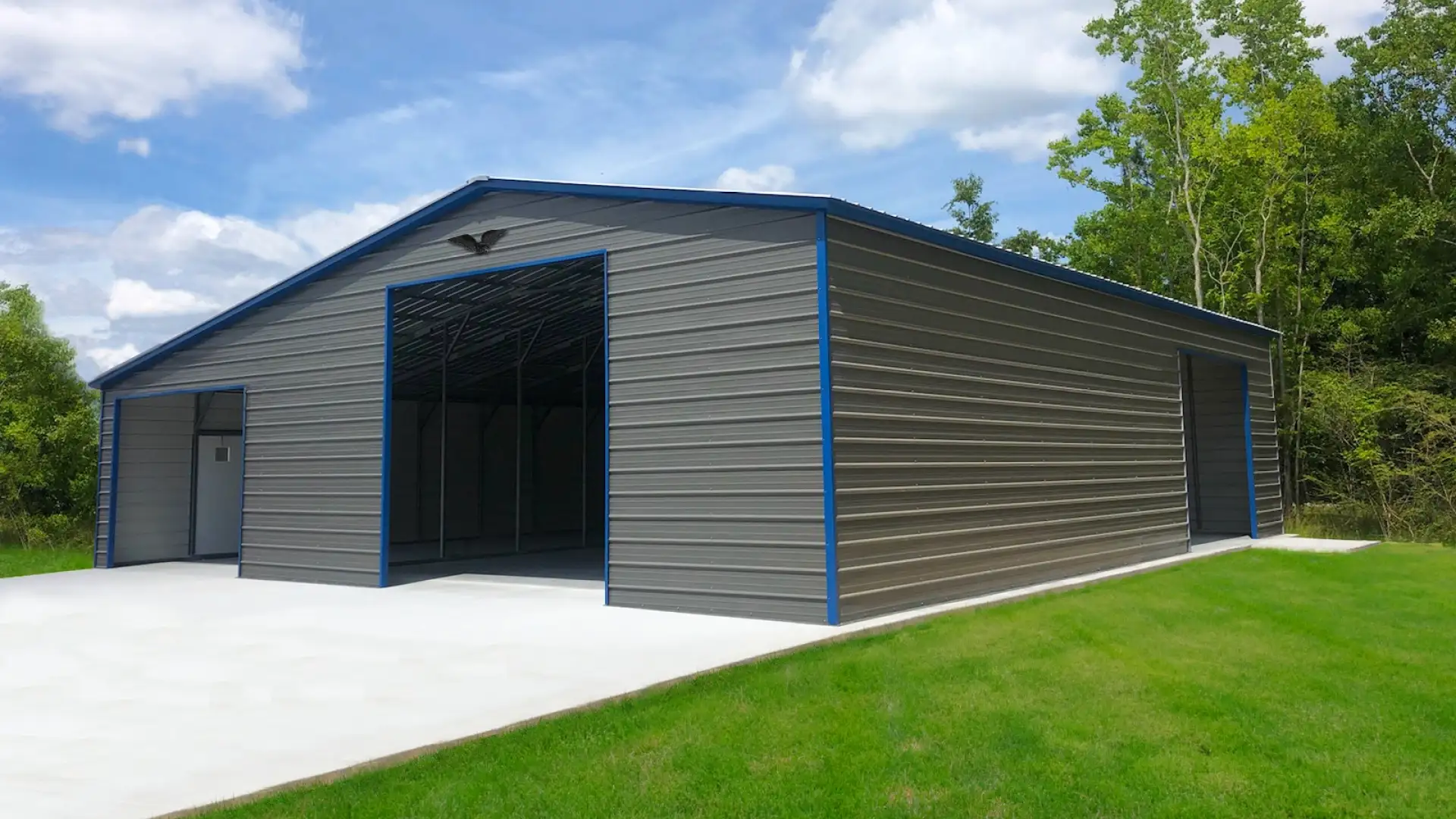Metal large Garage with blue trim