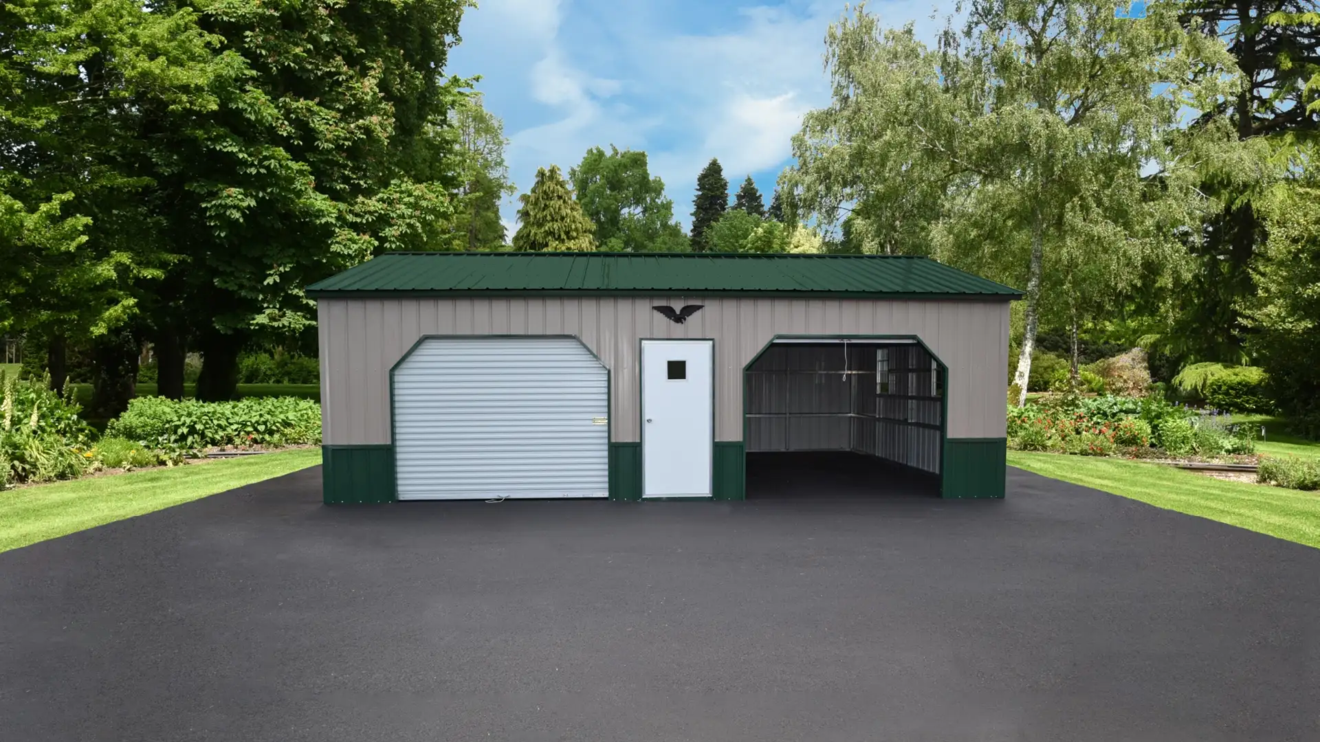 A green metal garage with two garage doors. One of the doors is open.