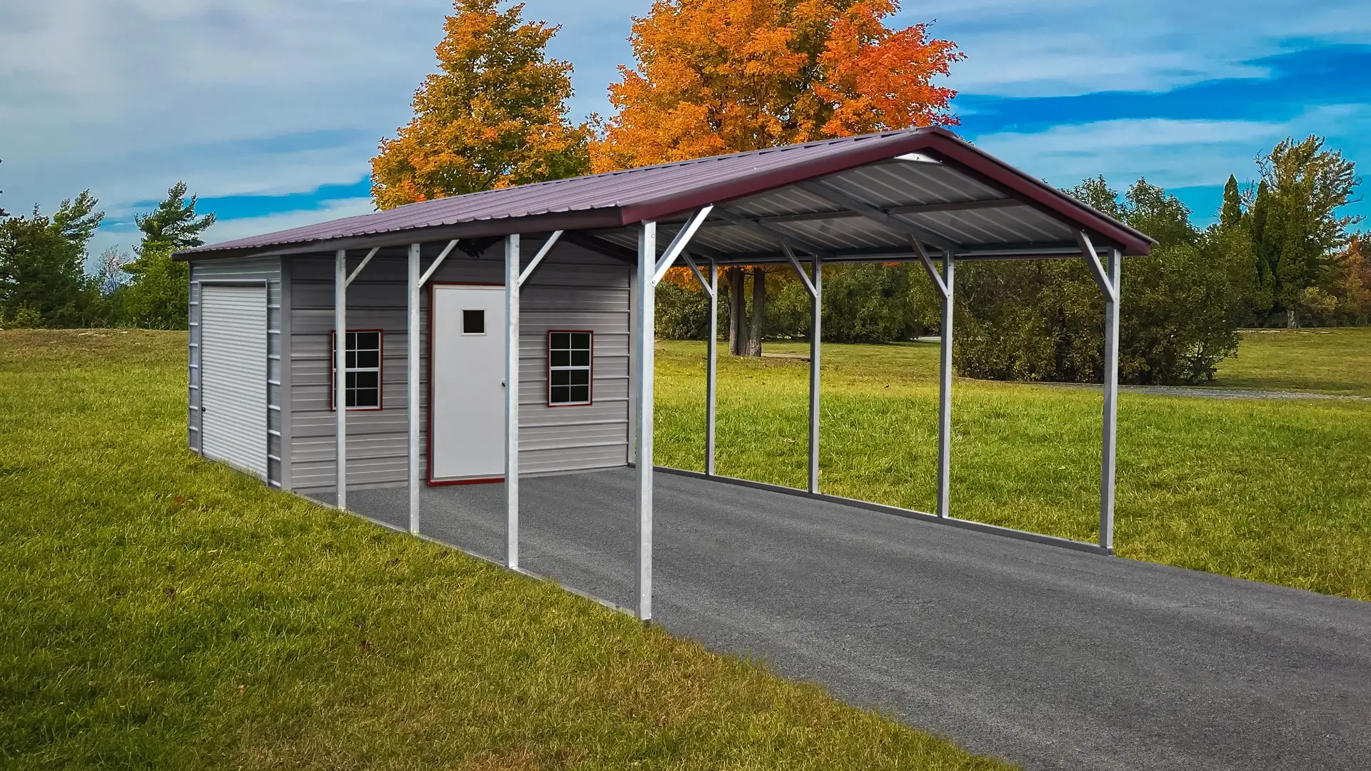 Small metal carport with an enclosed back area.