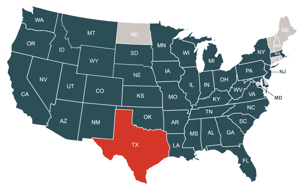 Service Area map highlighting the state of Texas